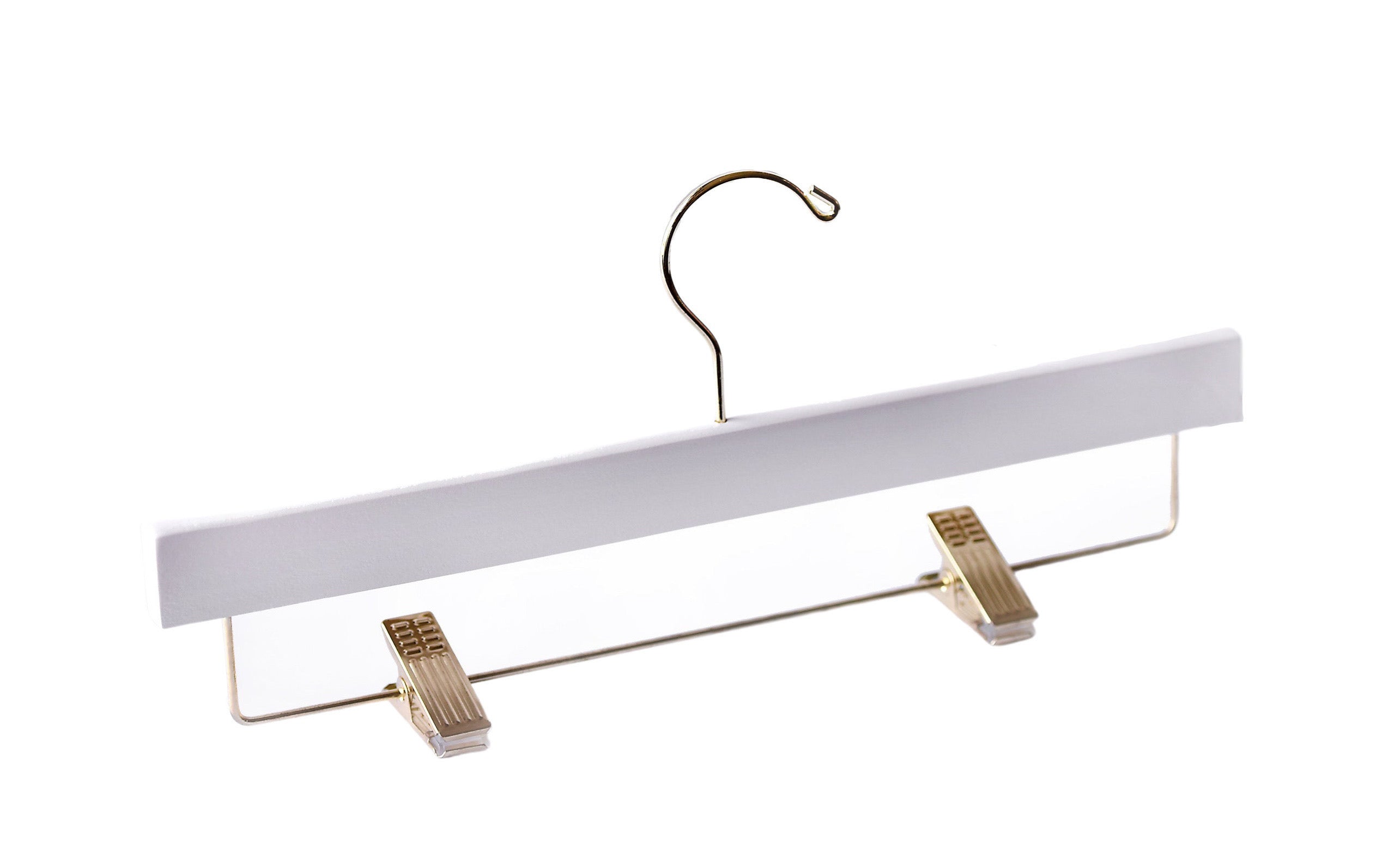 White Wooden Pants Hanger with gold hardware and non-slip cushion clips for home closets and retail spaces