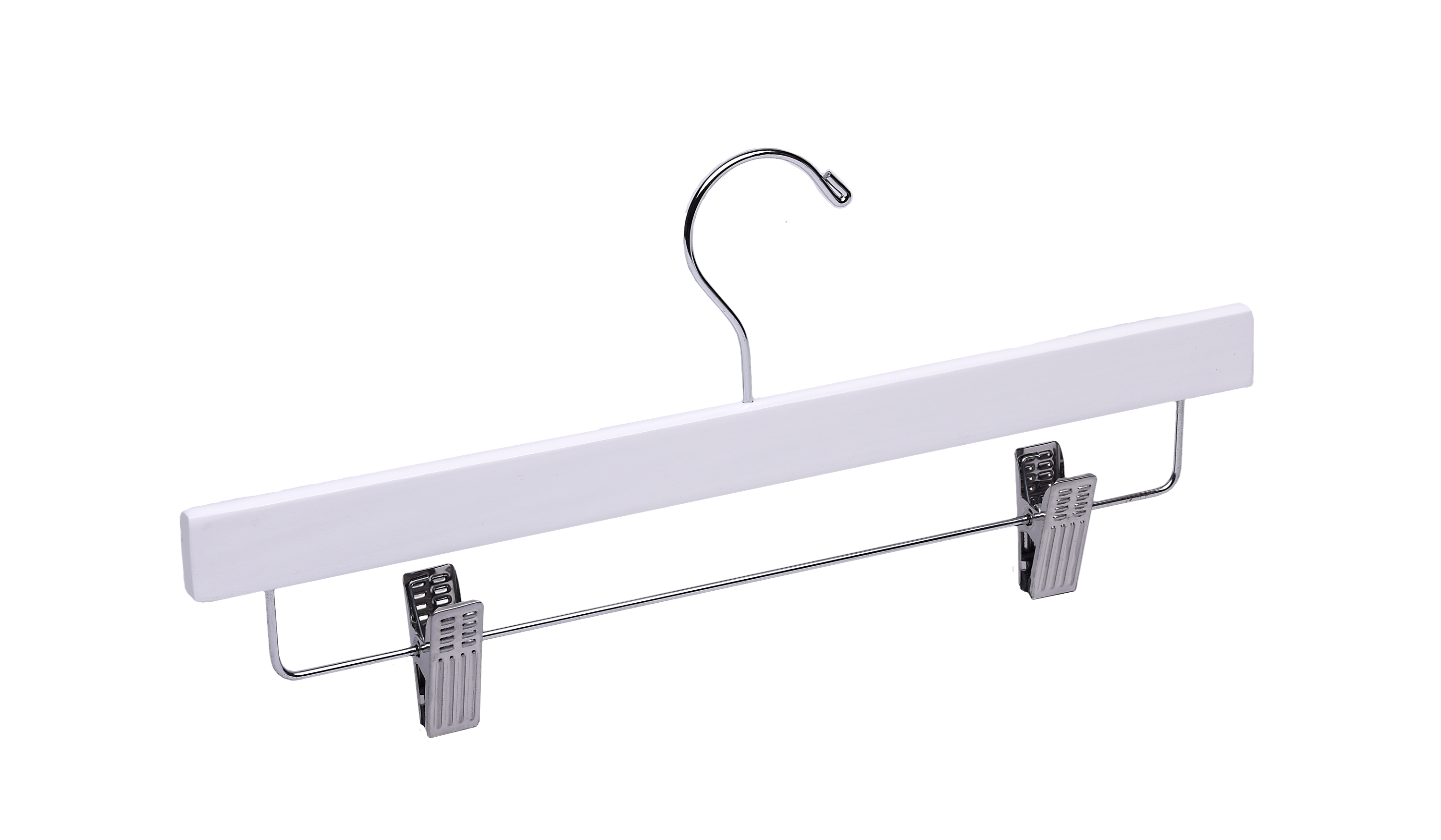 White Wooden Bottom Hanger with a silver hook and adjustable cushion clips for residential closets and retail stores