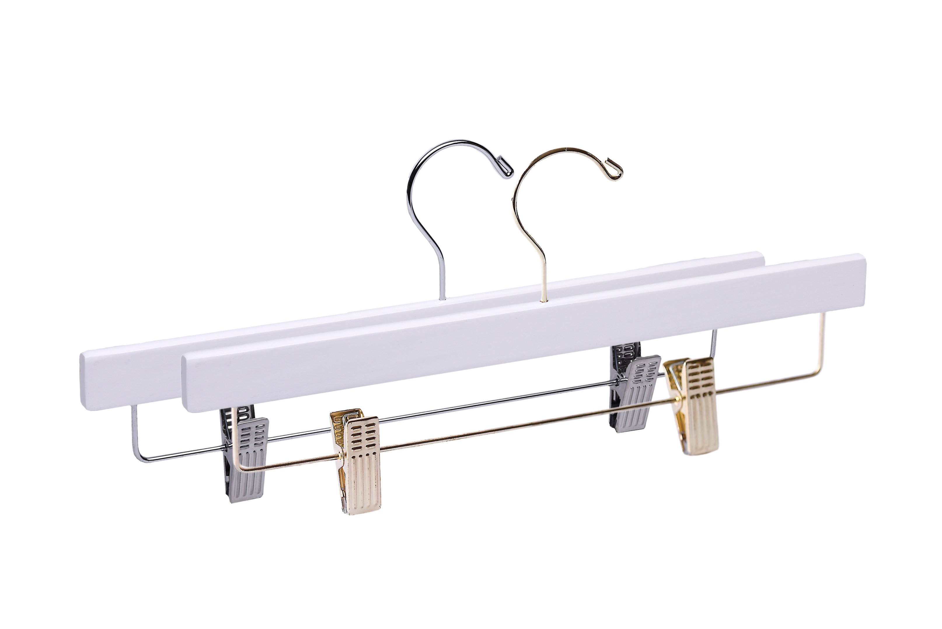 Two White Wooden Bottom Hangers with a silver hook, a gold hook, and cushion clips for home closets and retail stores