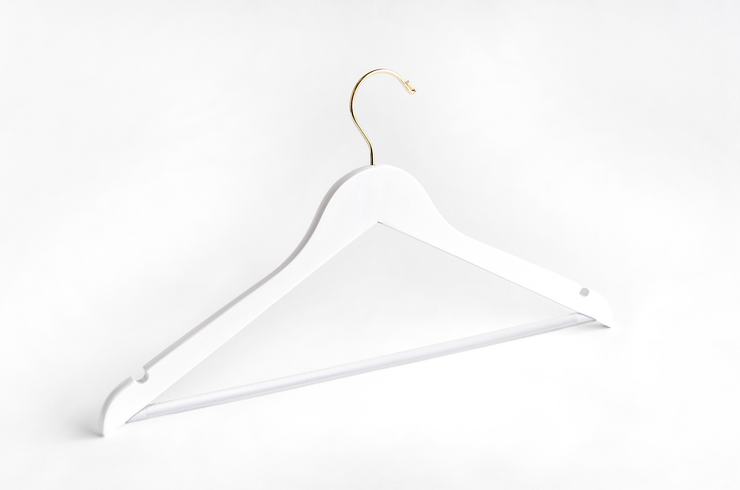 White Wooden Suit Hanger with a gold hook, shoulder notches, and non-slip pant bar for custom bridal hanger designers