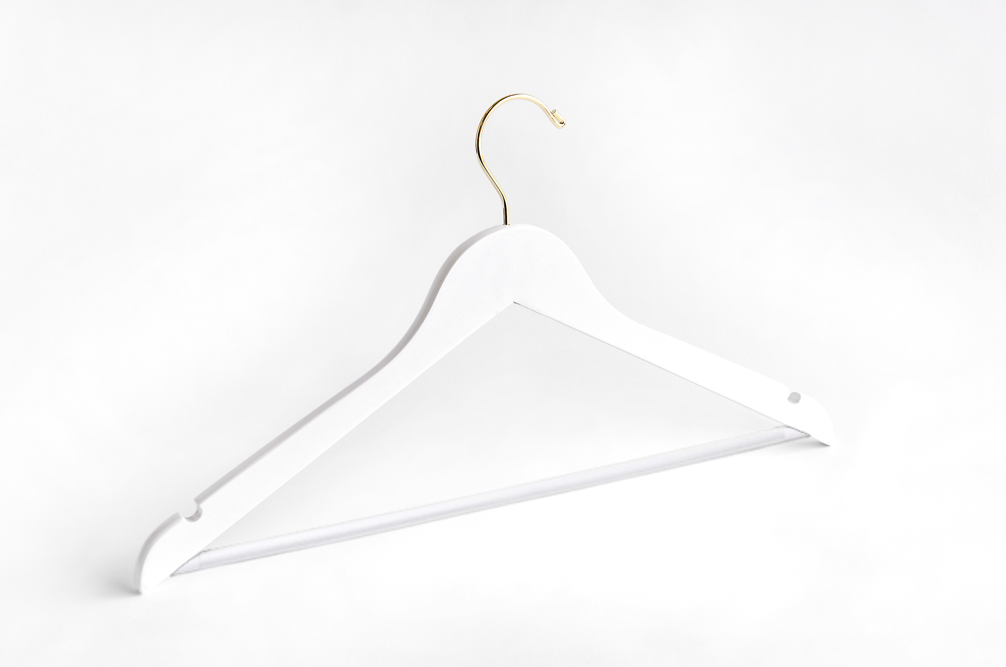 White Wooden Suit Hanger with a gold hook, shoulder notches, and non-slip pant bar for custom bridal hanger designers