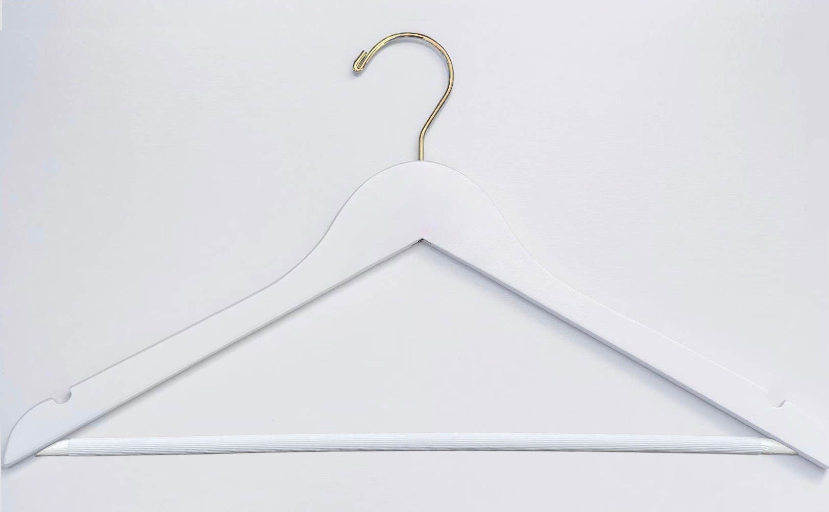 White European Beech Wood Suit Hanger for adults with pant bar and a gold hook for luxury closets and stores