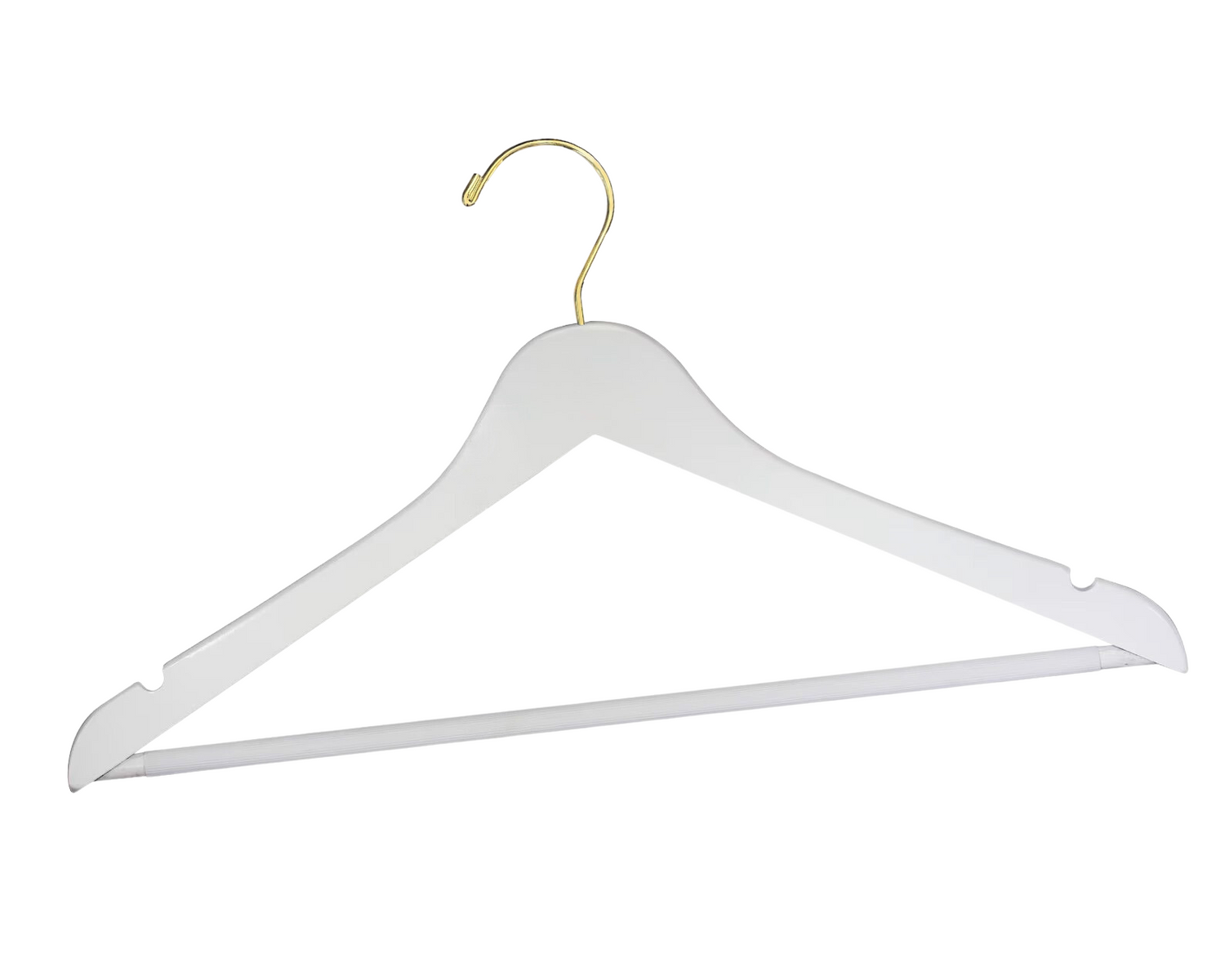 Customizable White Wooden Flat Suit Hanger with a gold hook, shoulder notches, and anti-slip trouser bar for adults