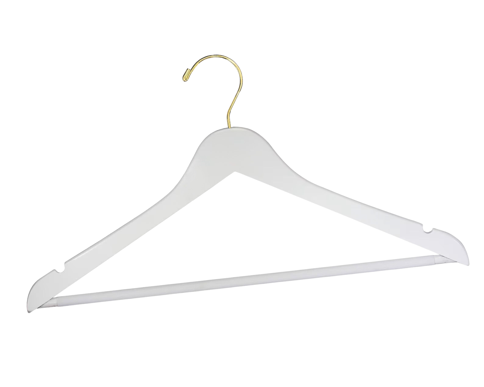 Customizable White Wooden Flat Suit Hanger with a gold hook, shoulder notches, and anti-slip trouser bar for adults