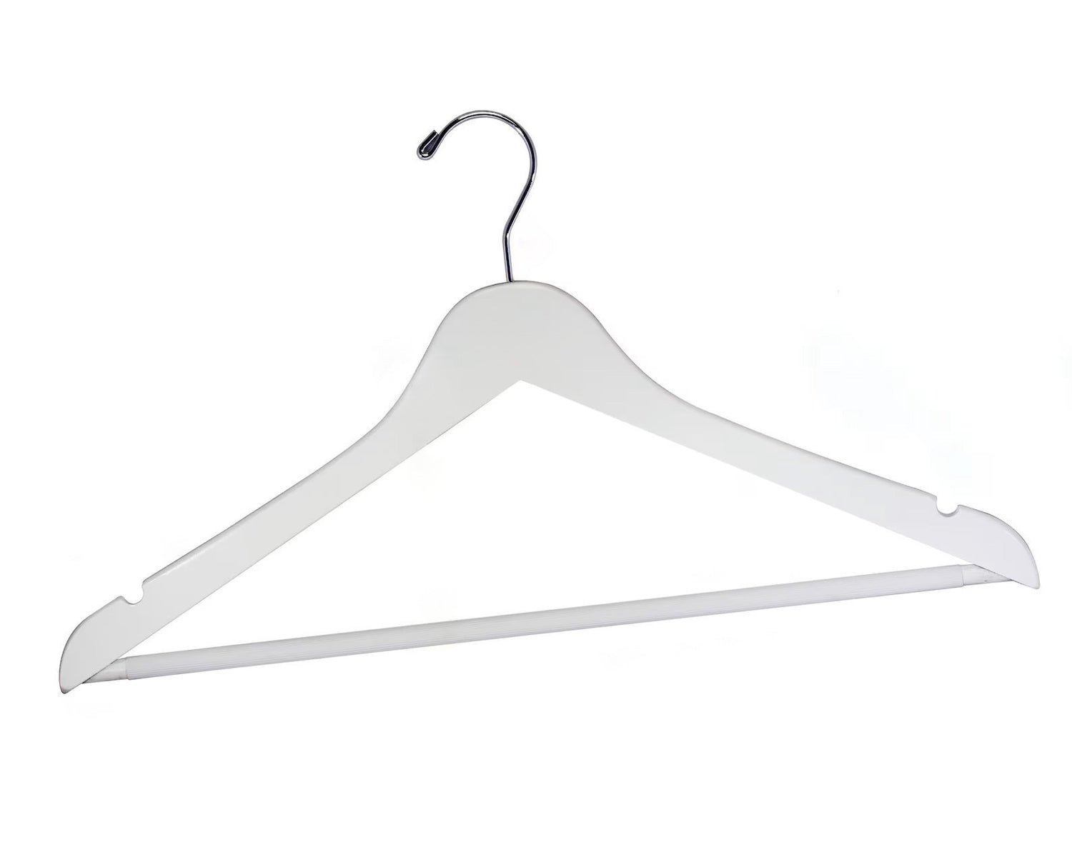 Customizable White Wooden Flat Suit Hanger with a silver hook, shoulder notches, and anti-slip trouser bar for adults