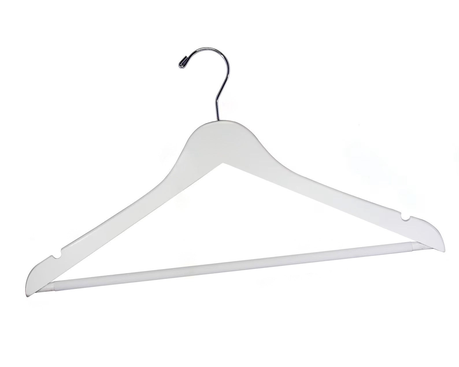 Customizable White Wooden Flat Suit Hanger with a silver hook, shoulder notches, and anti-slip trouser bar for adults