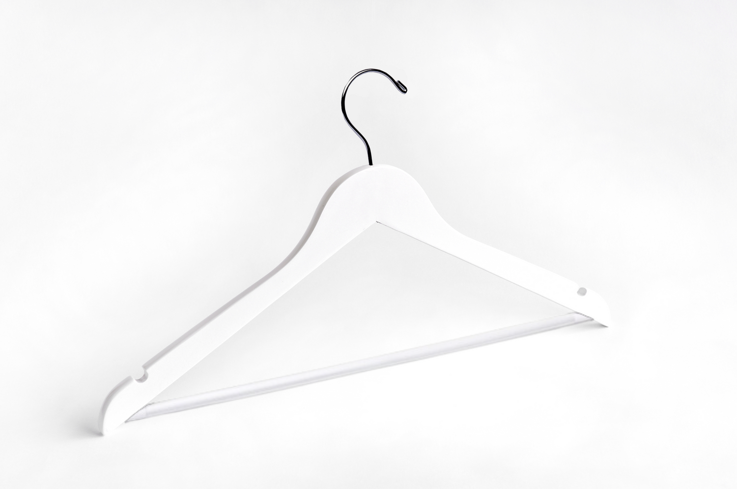 White Wooden Suit Hanger with a silver hook, shoulder notches, and non-slip pant bar for custom bridal hanger designers