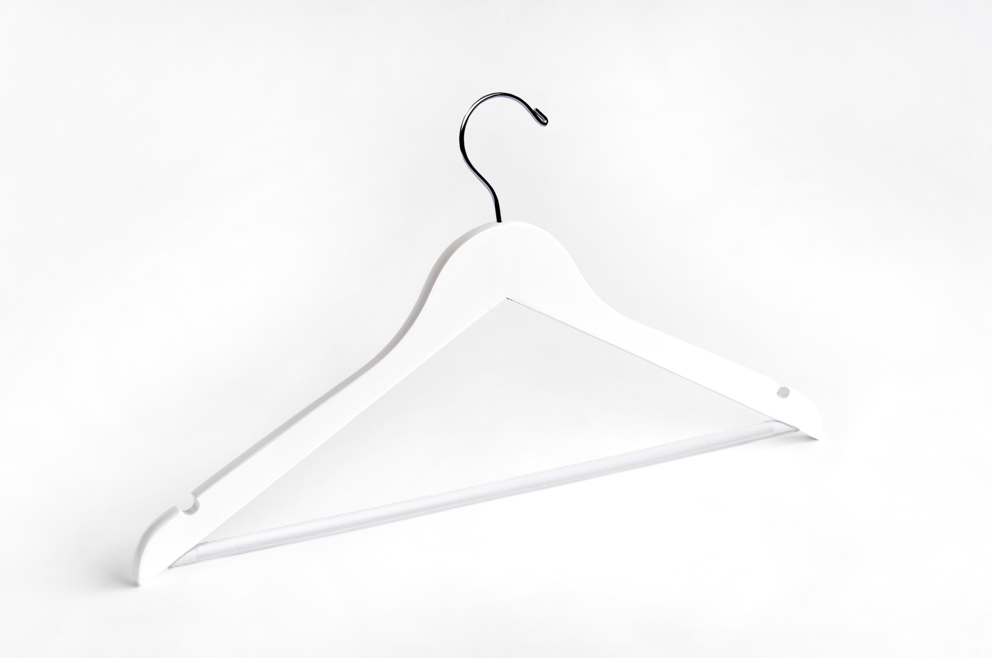 White Wooden Suit Hanger with a silver hook, shoulder notches, and non-slip pant bar for custom bridal hanger designers