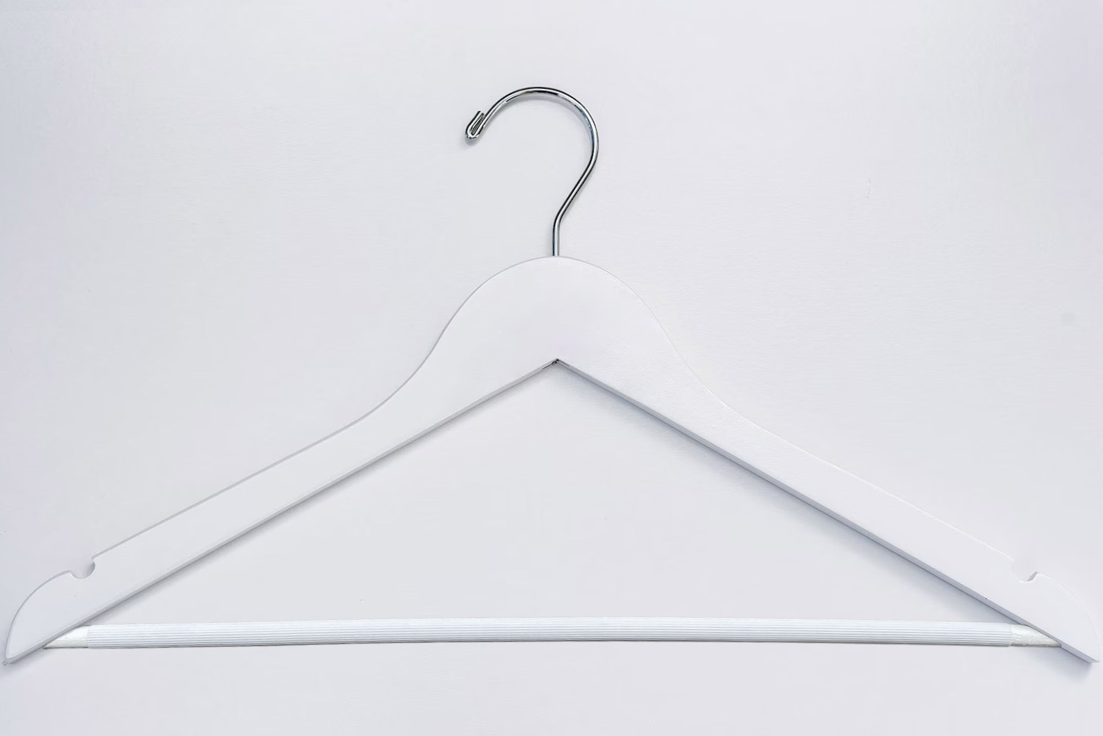 White European Beech Wood Suit Hanger for adults with pant bar and a silver hook for luxury closets and stores