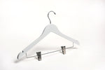 Load image into Gallery viewer, White Wooden Combination Hanger with a silver hook, bar, and cushion clips for residential closets and retail stores
