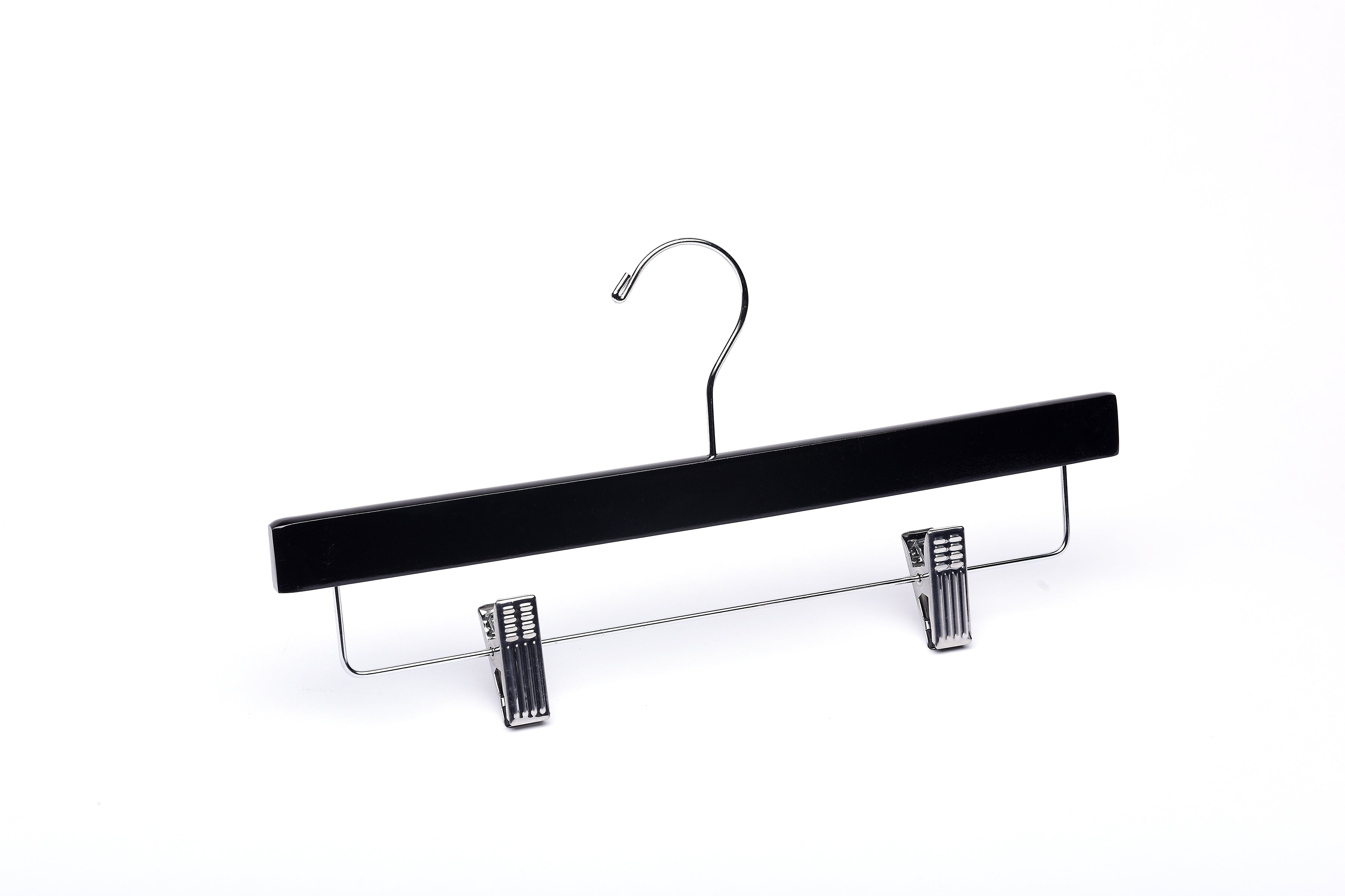 Luxury quality Matte Black Wooden Bottom Hanger with silver, adjustable pant bar clips for boutiques and home closets