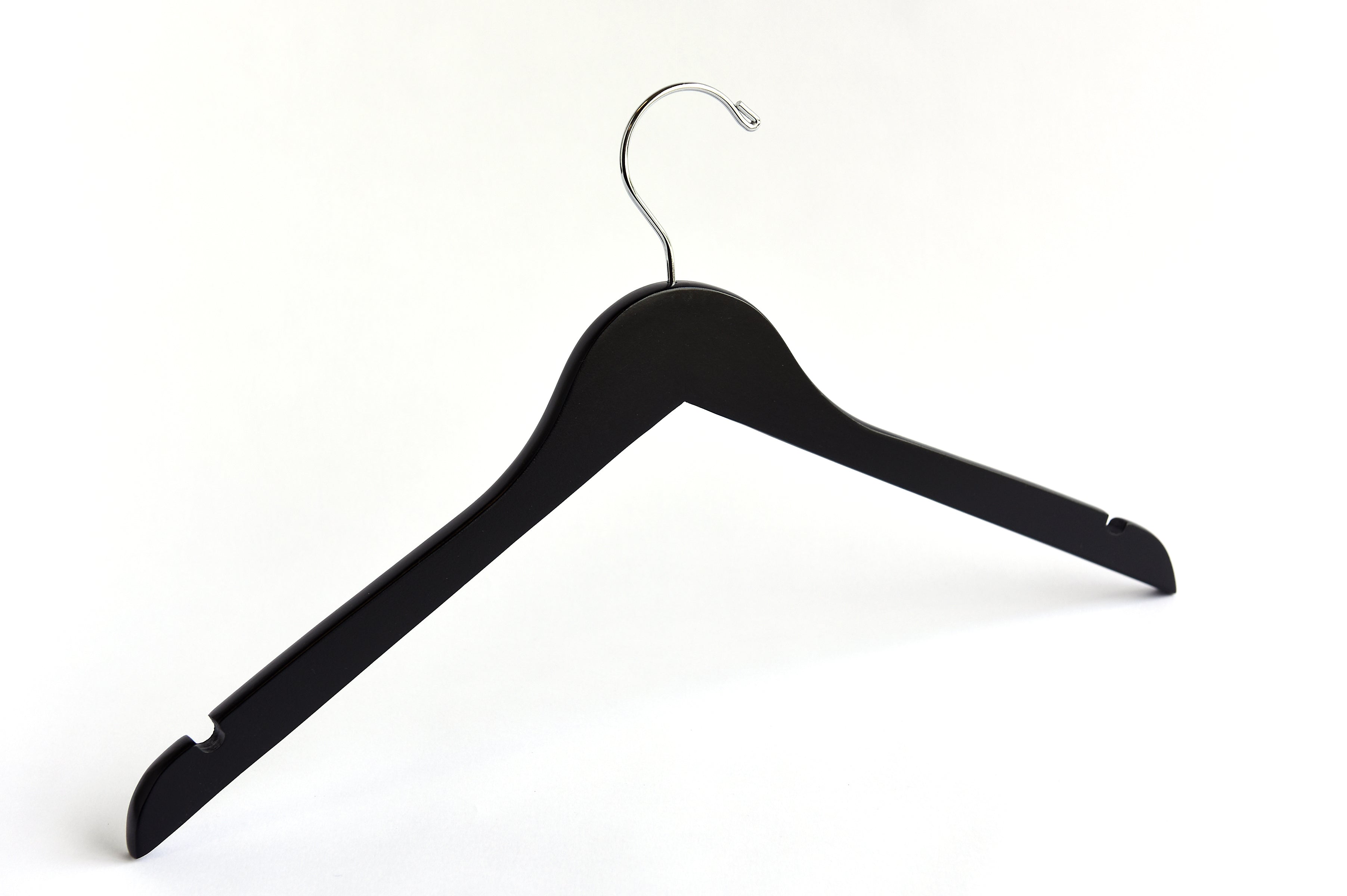 Matte Black Wooden Clothes Hanger with a silver hook and shoulder notches for custom bridal hanger designers