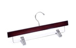 Load image into Gallery viewer, Dark Walnut Wooden Bottom Hanger with a silver hook and adjustable cushion clips for residential closets and retail stores
