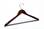 Load image into Gallery viewer, Dark Walnut Wood Suit Hanger with a silver hook, shoulder notches, and pant bar for residential closets and retail stores
