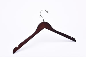 Dark Walnut Wooden Clothes Hanger with a silver hook and shoulder notches for residential closets and retail stores