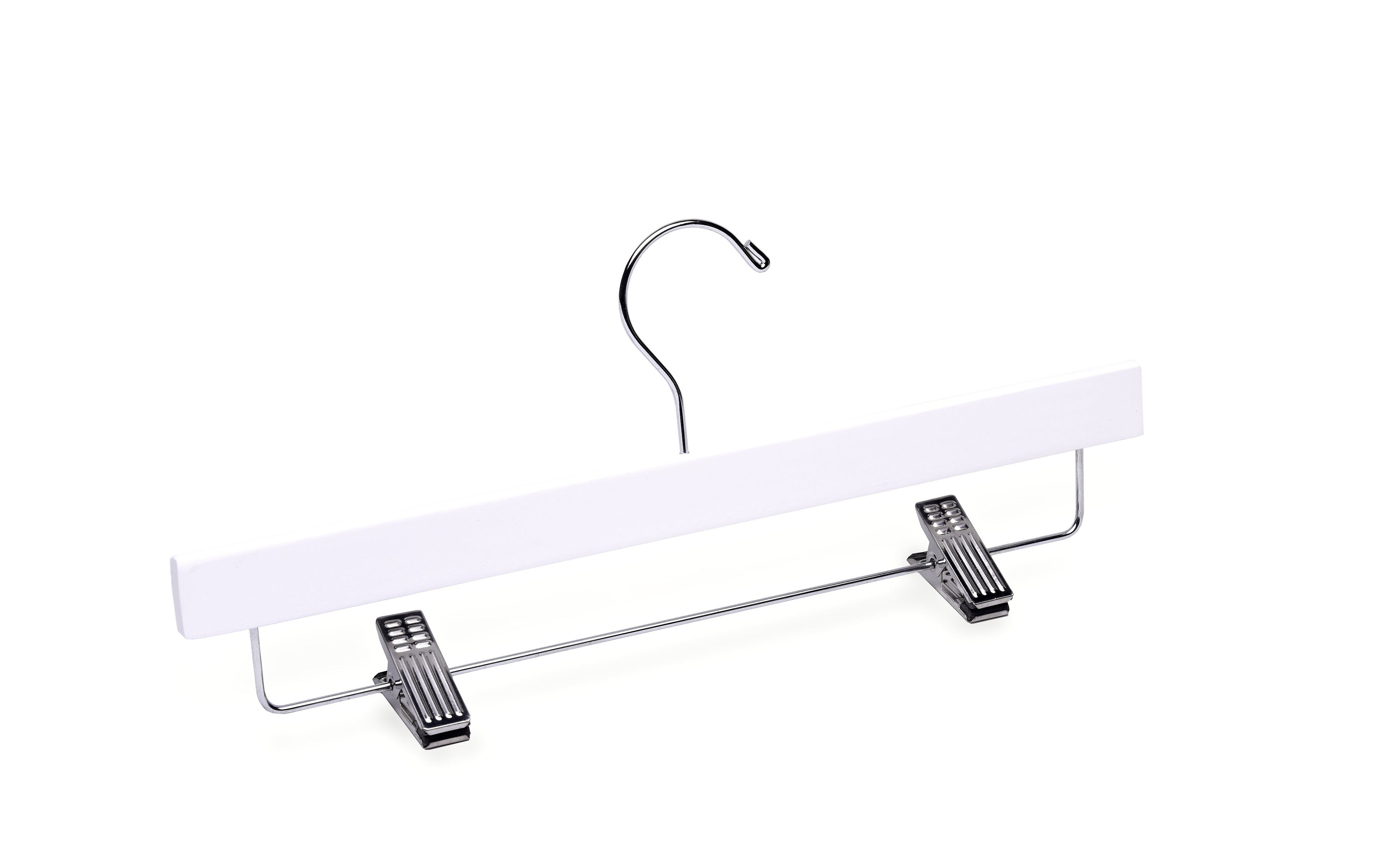 White Wooden Pants Hanger with silver hardware and non-slip cushion clips for home closets and retail spaces