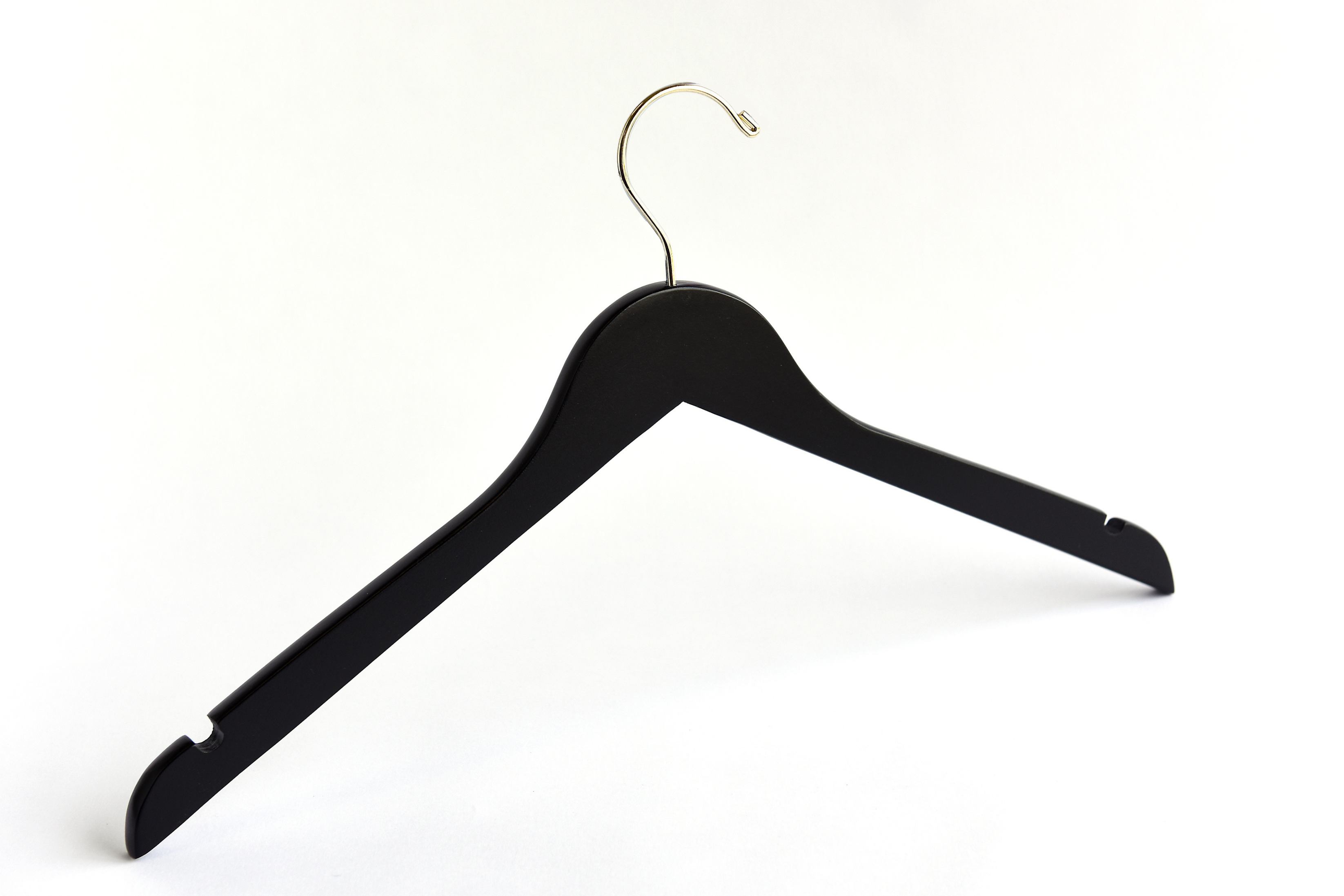 Matte Black Wooden Clothes Hanger with a gold hook and shoulder notches for custom bridal hanger designers