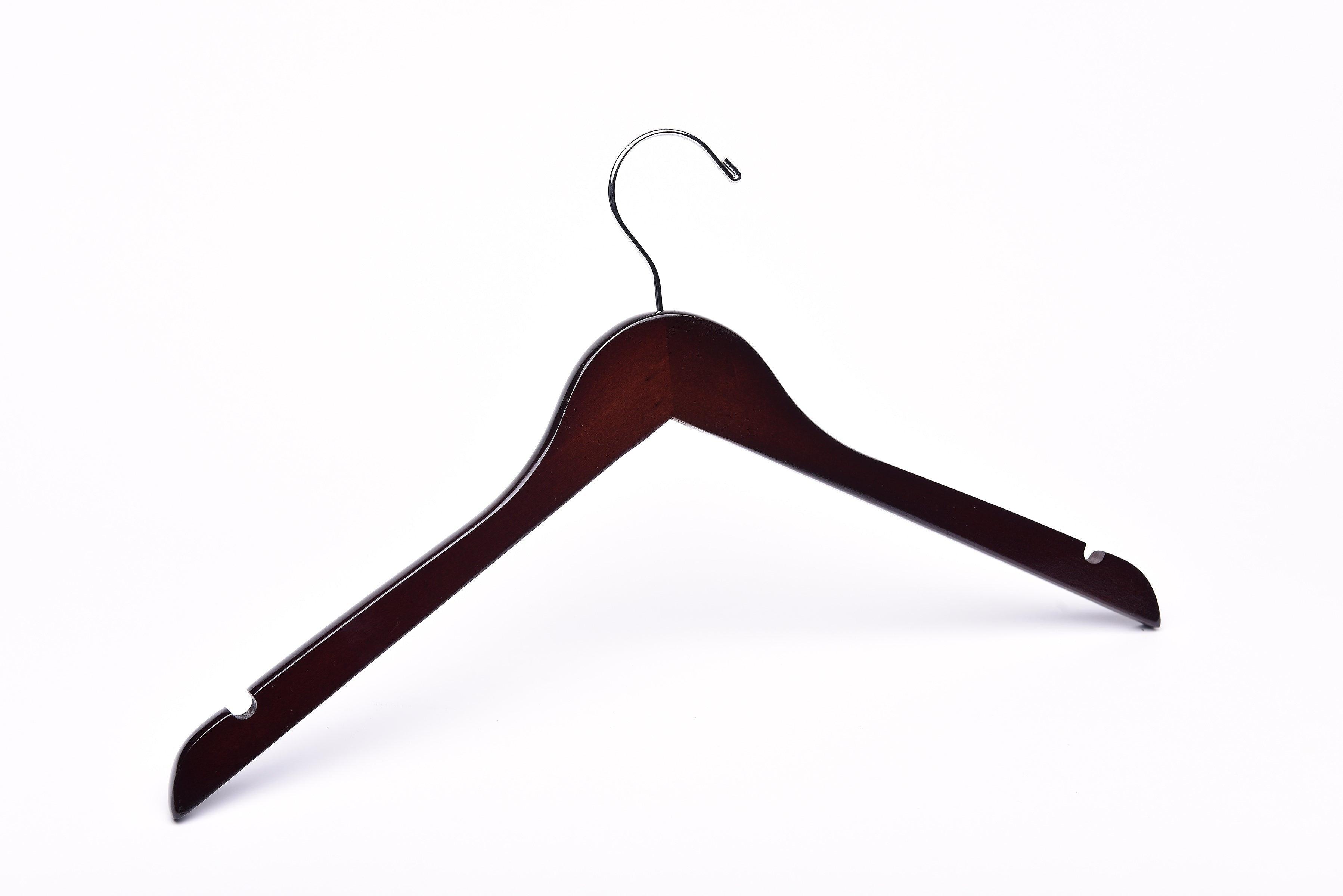 Dark Walnut Wooden Clothes Hanger with a silver hook and shoulder notches for residential home closets and retail stores