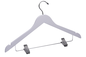 White Wooden Combination Hanger with adjustable cushion clips to hang both adult’s top and bottom clothing