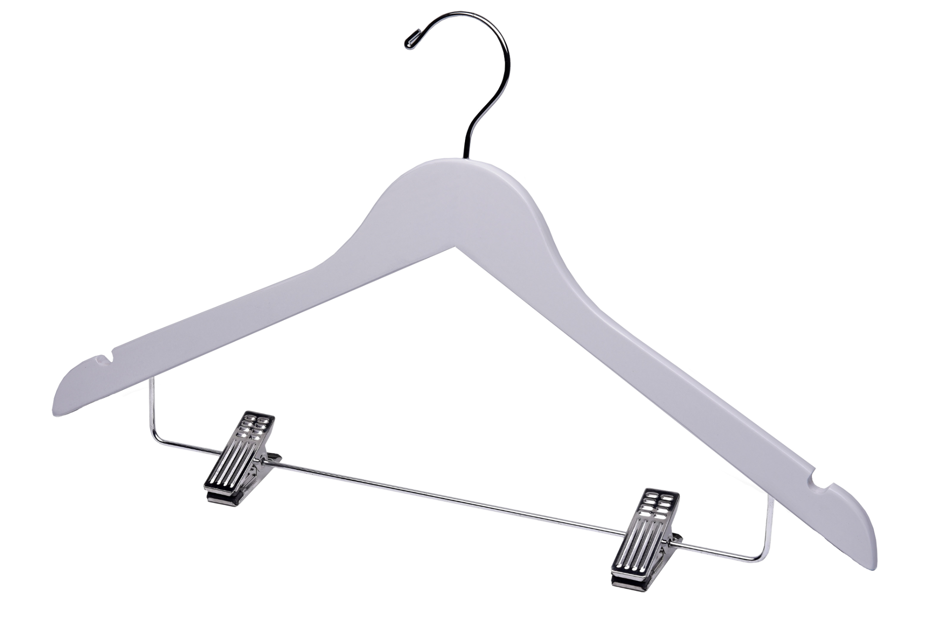 Customizable White Wooden Combination Hanger with silver anti-stain, anti-slip, adjustable cushion clips for adults