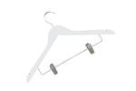 Load image into Gallery viewer, Stark White Wood Combo Hanger with a silver hook, pant bar, and non-slip cushion clips for home closets and retail spaces
