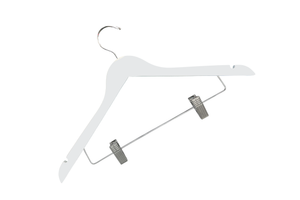 Stark White Wood Combo Hanger with a silver hook, pant bar, and non-slip cushion clips for home closets and retail spaces