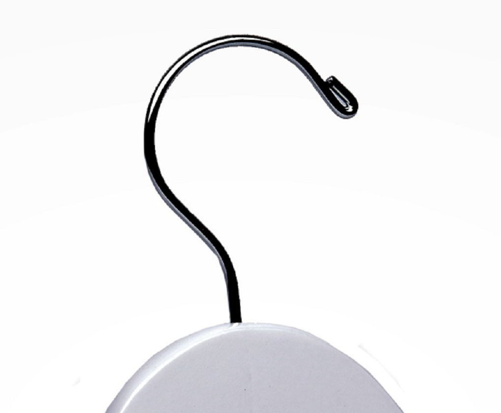 Top of a high quality White Wooden Combination Hanger for adults with a silver hook facing to the right