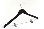 Load image into Gallery viewer, Matte Black Wooden Combination Hanger with a silver hook, bar, and cushion clips for residential closets and retail stores
