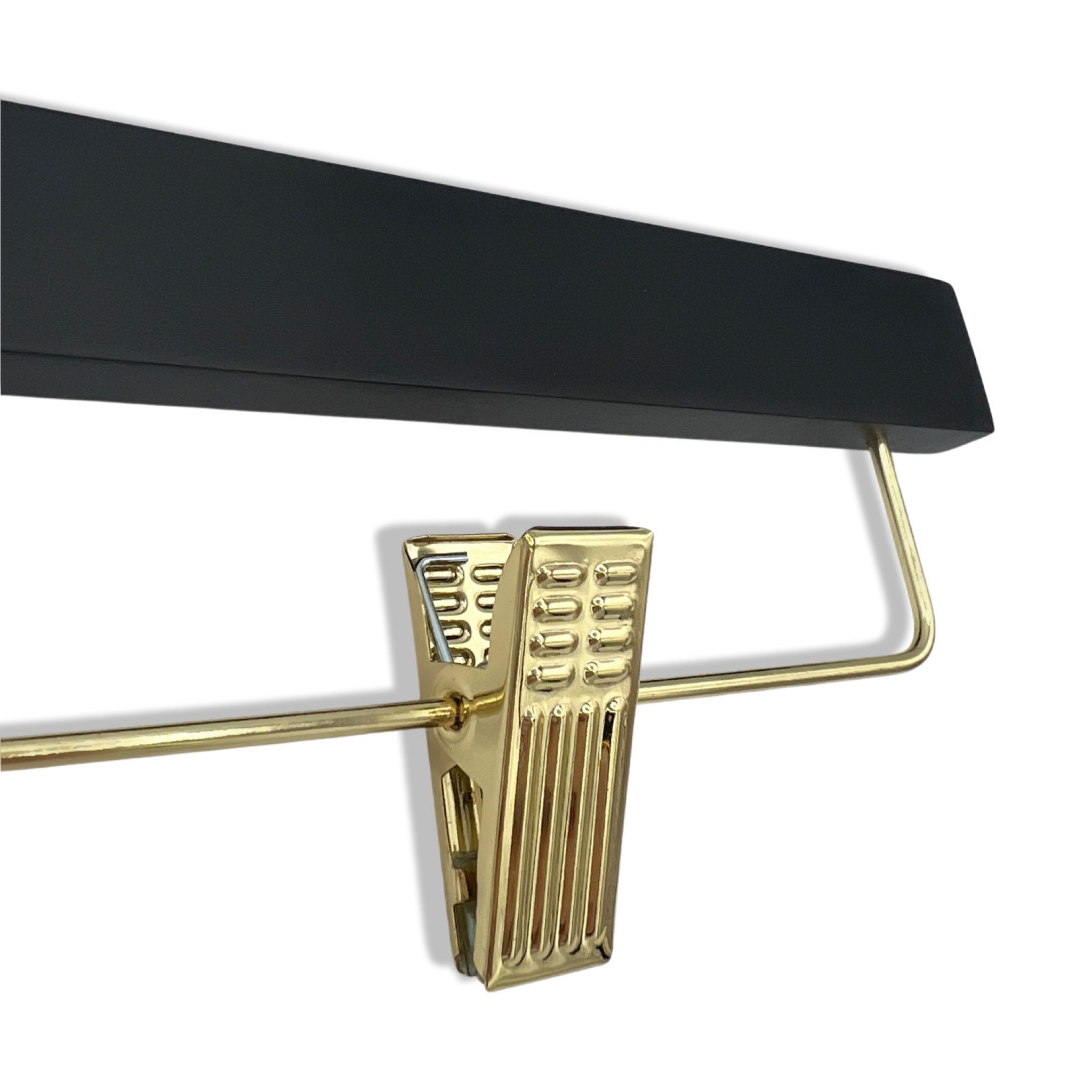 Matte Black Wooden Bottom Hanger’s solid select wood and gold anti-stain, anti-slip, adjustable cushion clips for pants