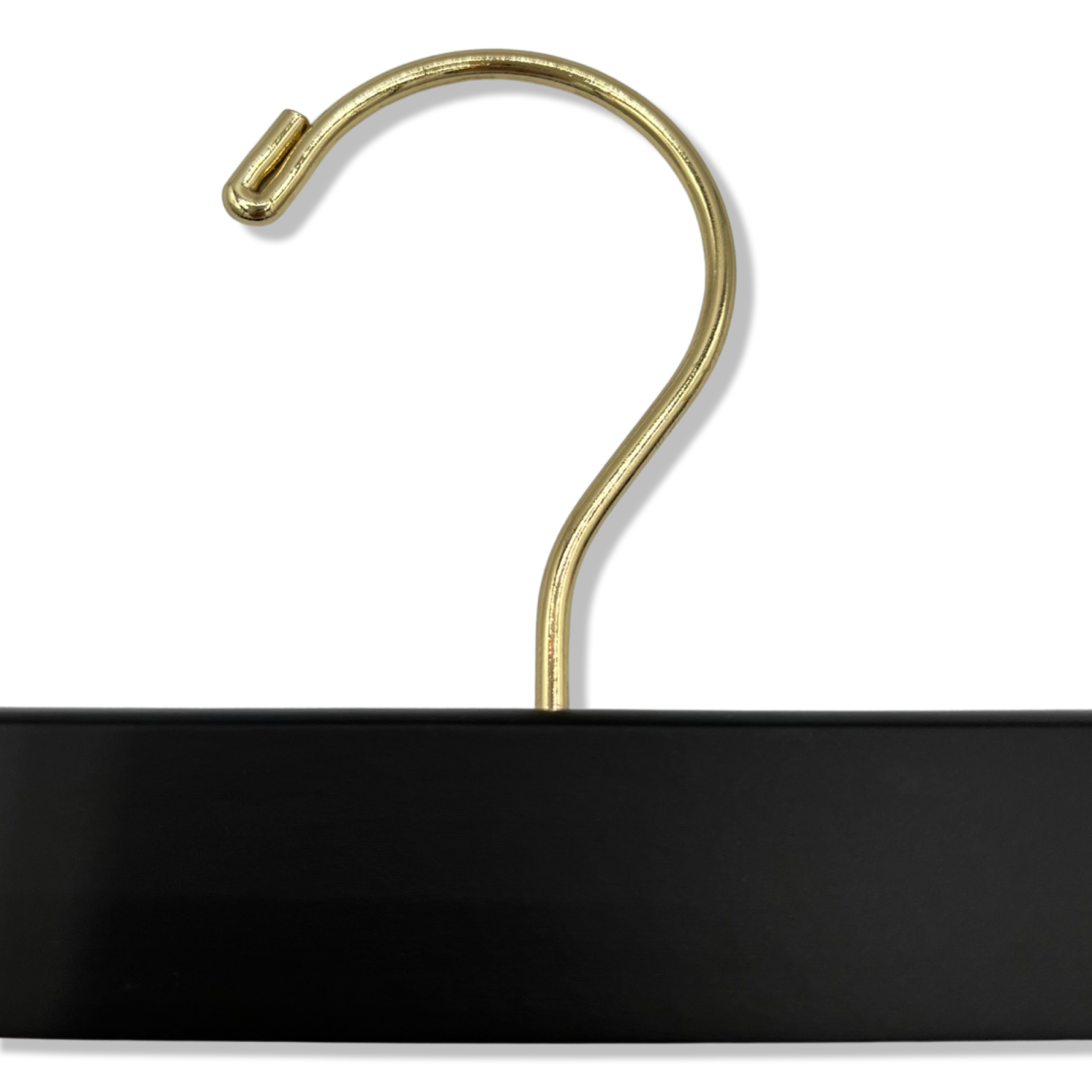 Top of high quality Matte Black Wooden Bottom Hanger for adults with a gold hook facing to the left