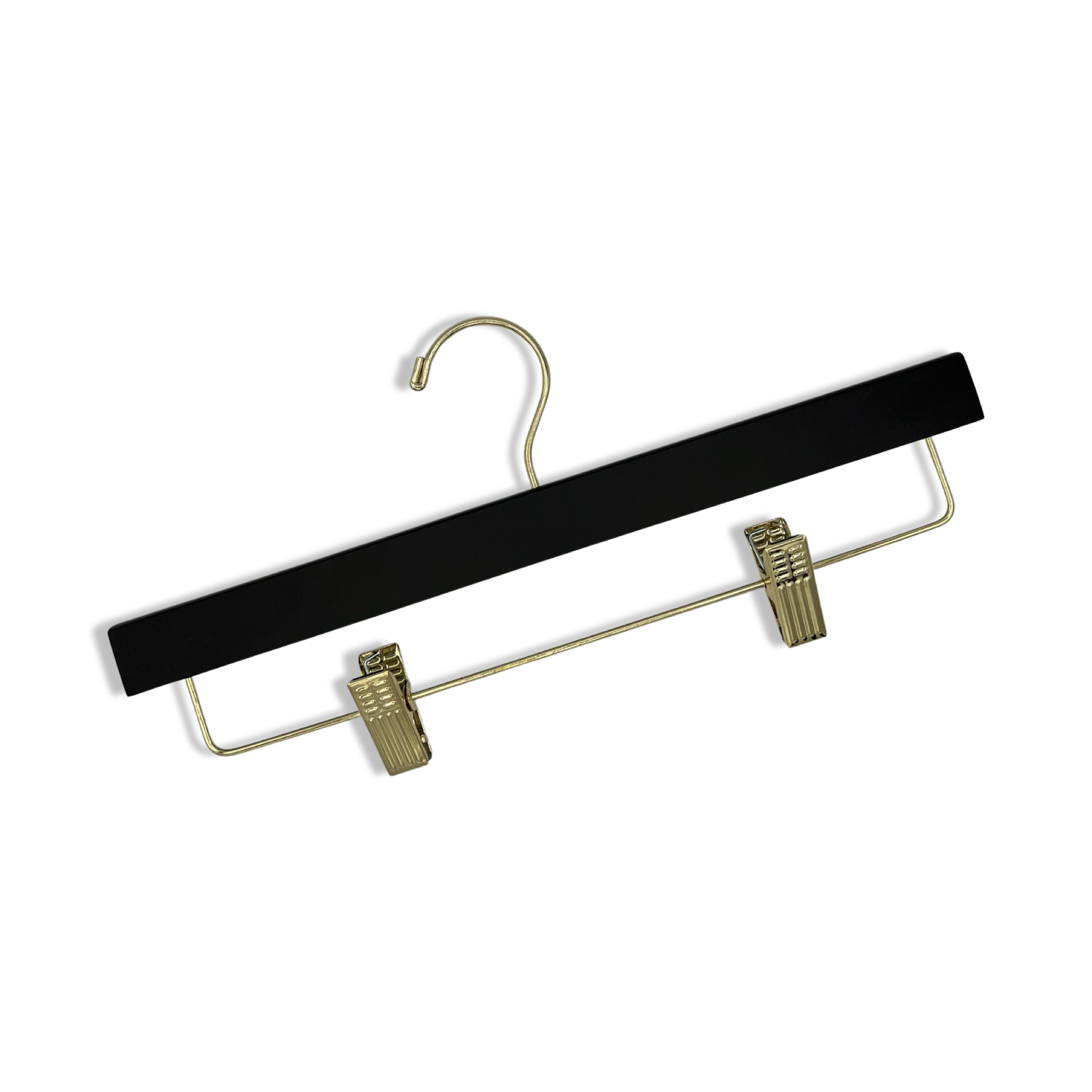 Luxury quality Matte Black Wooden Bottom Hanger with gold, adjustable pant bar clips for boutiques and home closets