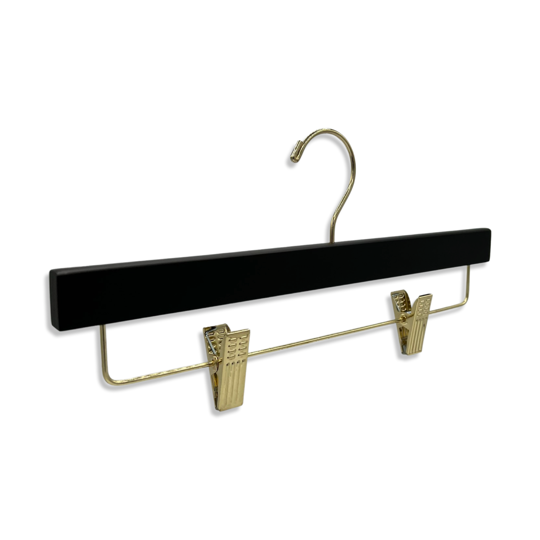 Customizable Matte Black Wooden Bottom Hanger with gold anti-stain, anti-slip, adjustable cushion clips for adult pants