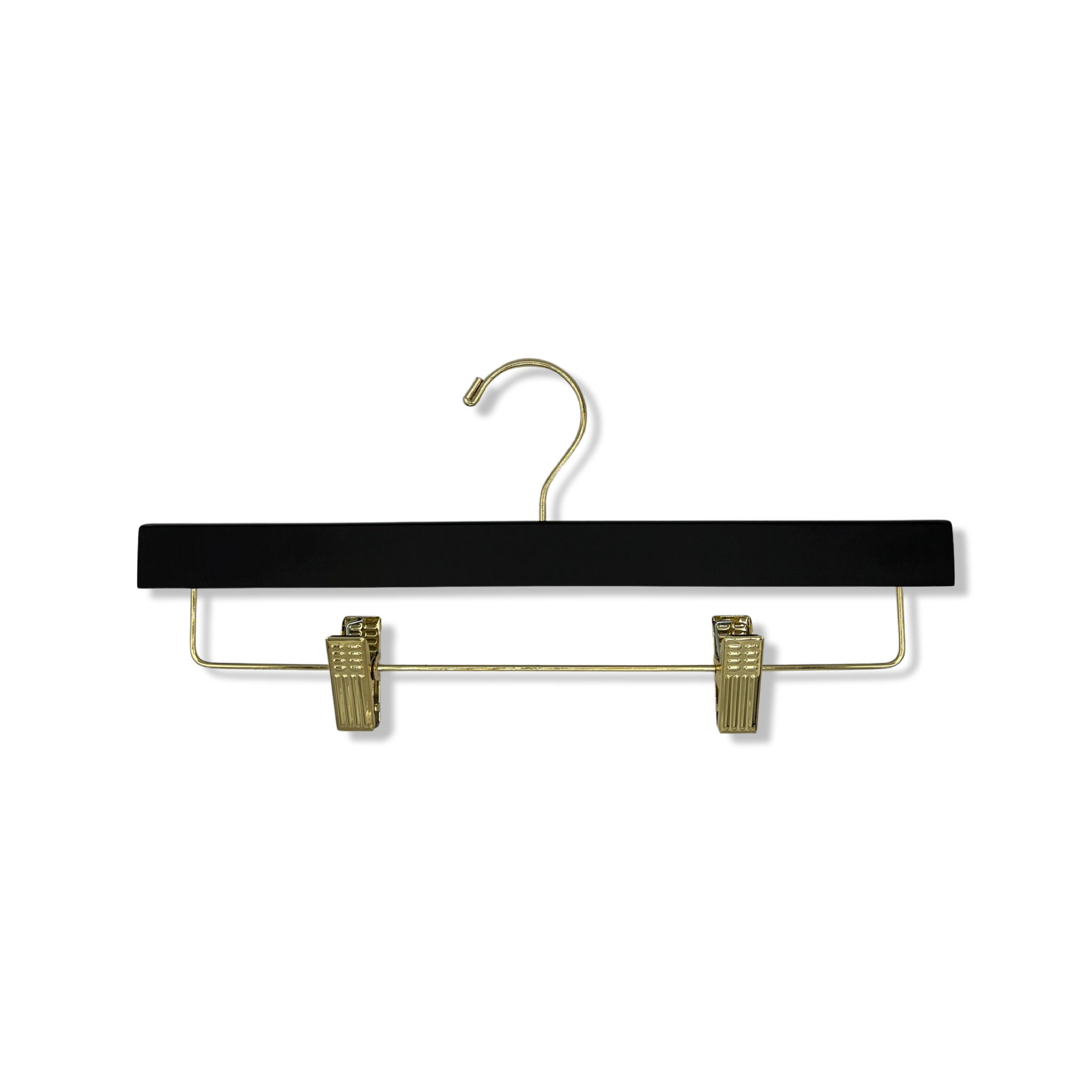 Matte Black Wooden Pants Hanger with a gold hook and non-slip cushion clips for home closets and retail spaces