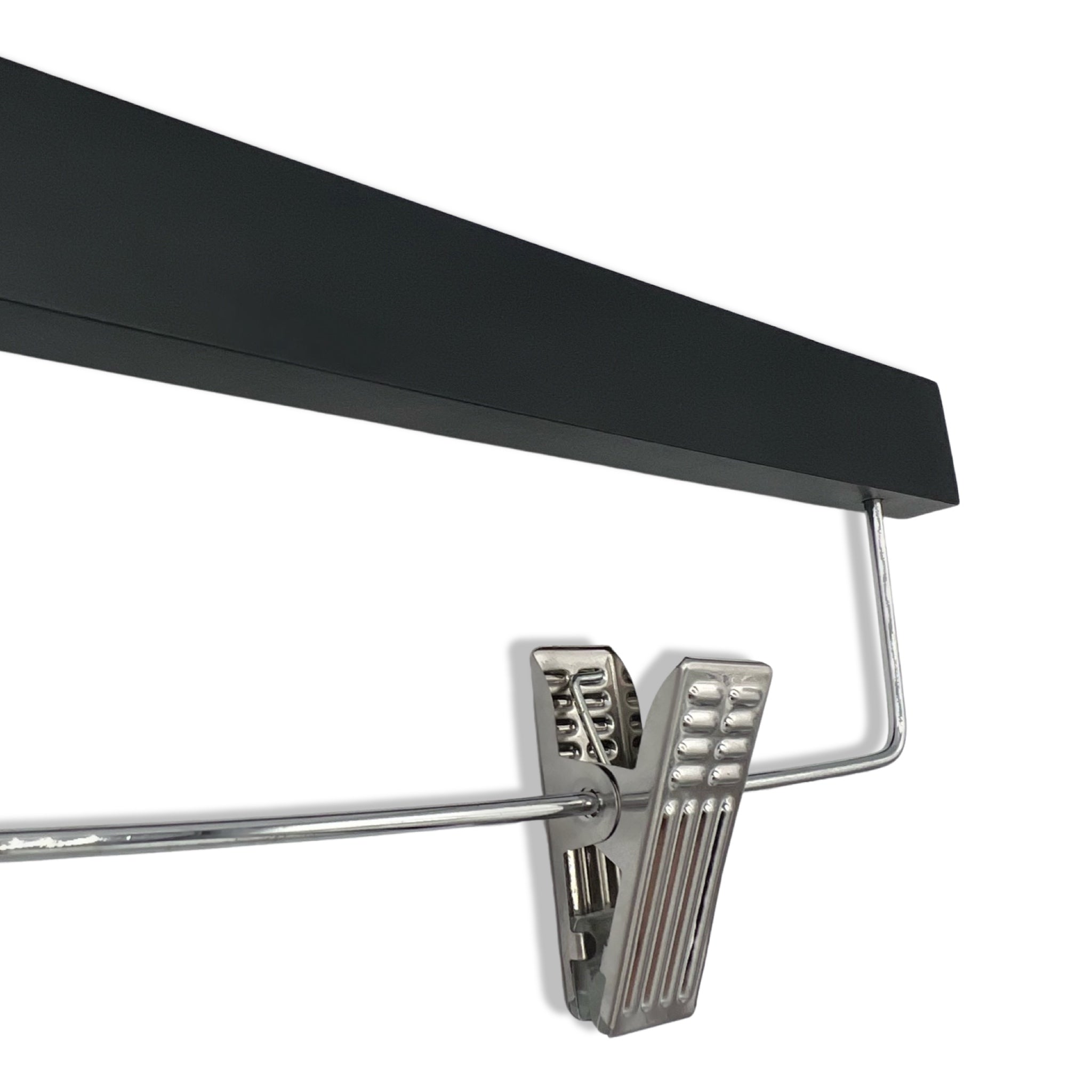 Matte Black Wooden Bottom Hanger’s solid select wood and silver anti-stain, anti-slip, adjustable cushion clips for pants