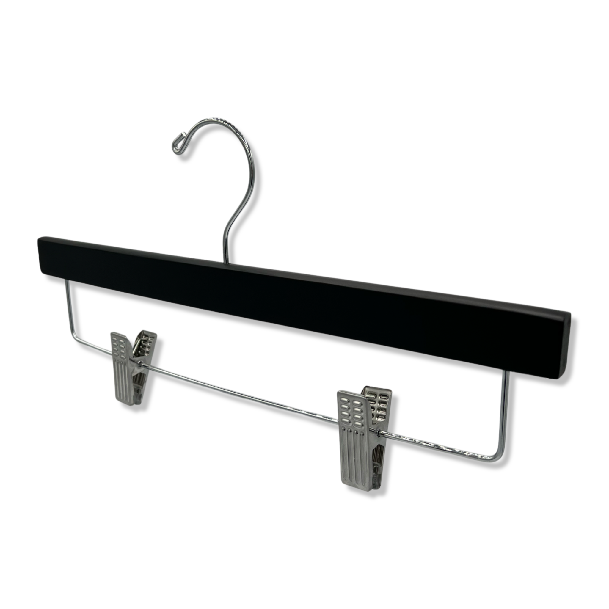 Customizable Matte Black Wooden Bottom Hanger with silver anti-stain, anti-slip, adjustable cushion clips for adult pants