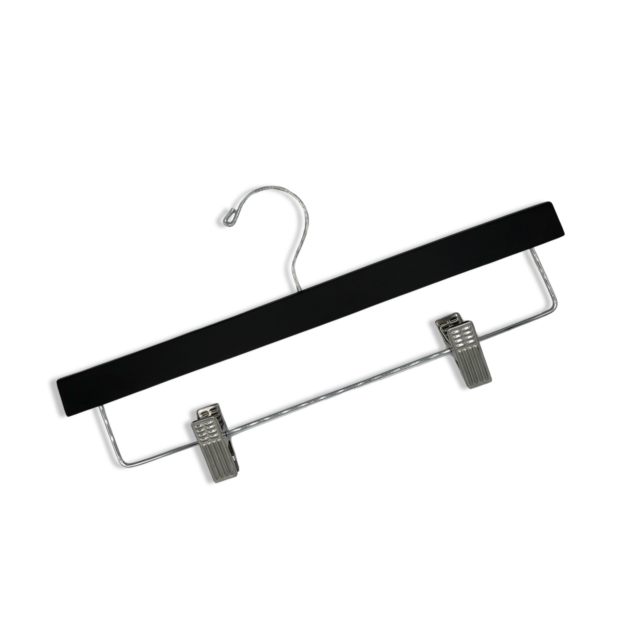 Matte Black Wooden Pants Hanger with a silver hook and non-slip cushion clips for home closets and retail spaces