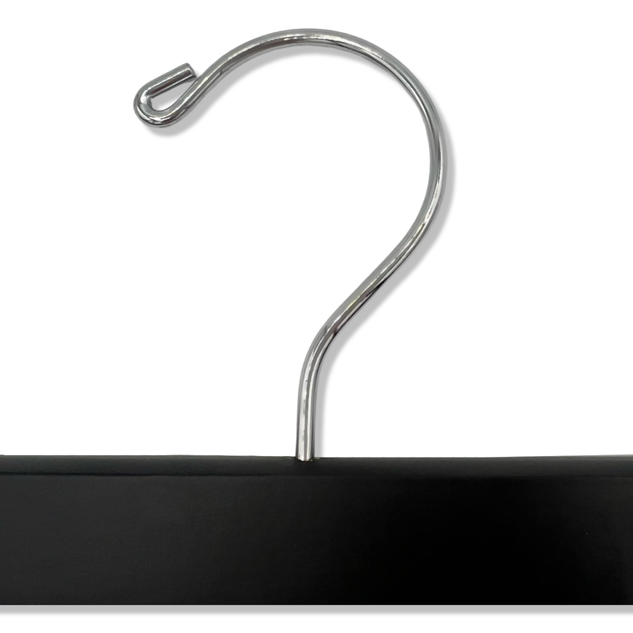 Top of high quality Matte Black Wooden Bottom Hanger for adults with a silver hook facing to the left