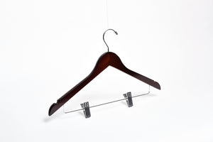 Dark Walnut Wooden Combination Hanger with a silver hook, bar, and adjustable cushion clips for boutiques and homes