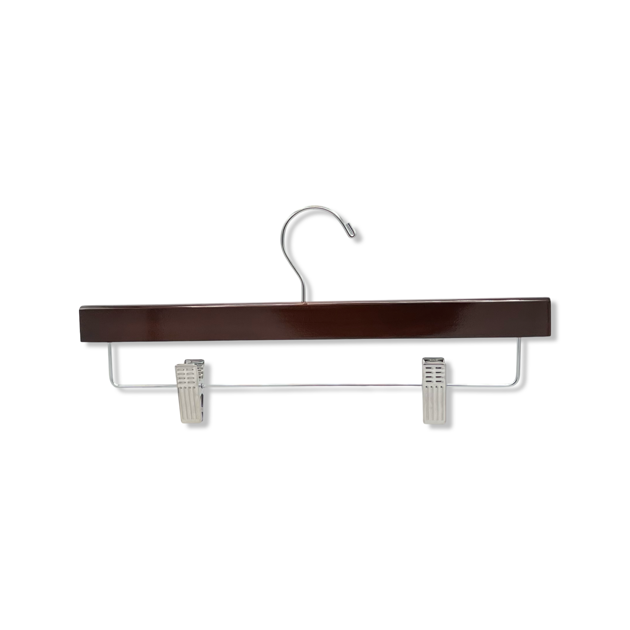 Customizable Dark Walnut Wooden Bottom Hanger with silver anti-stain, anti-slip, adjustable cushion clips for adults