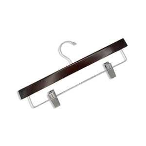 Dark Walnut Wooden Pants Hanger with a silver hook and non-slip cushion clips for home closets and retail spaces