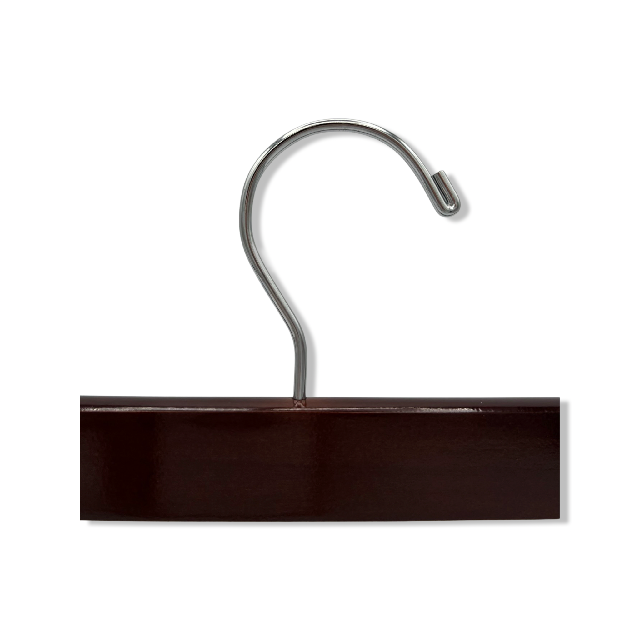 Top of a high quality Dark Walnut Wooden Bottom Hanger for adults with a silver hook facing to the right