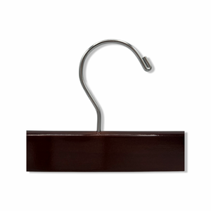 Top of a high quality Dark Walnut Wooden Bottom Hanger for adults with a silver hook facing to the right