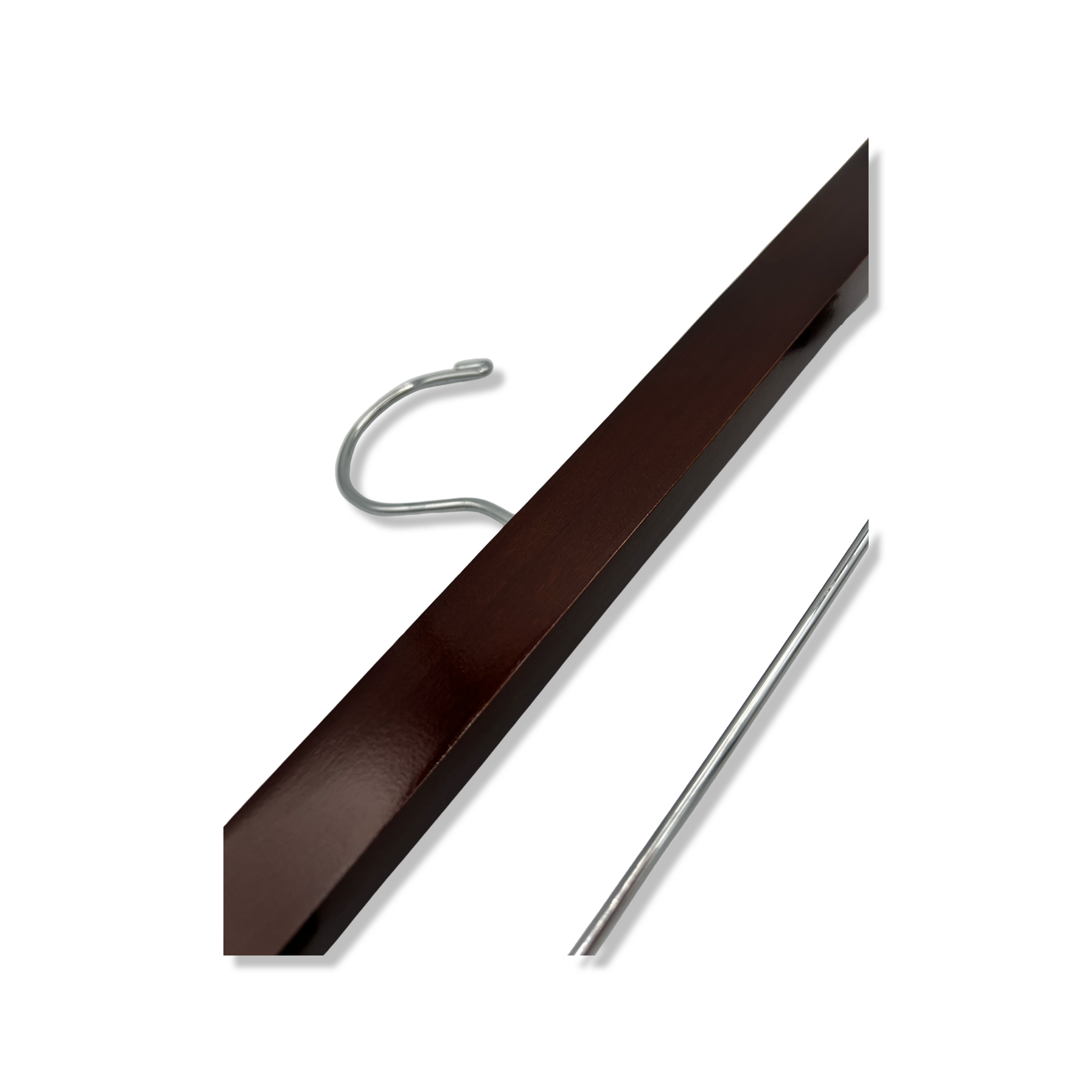 Luxury quality Dark Walnut Wooden Bottom Hanger with silver, adjustable pant bar clips lying down