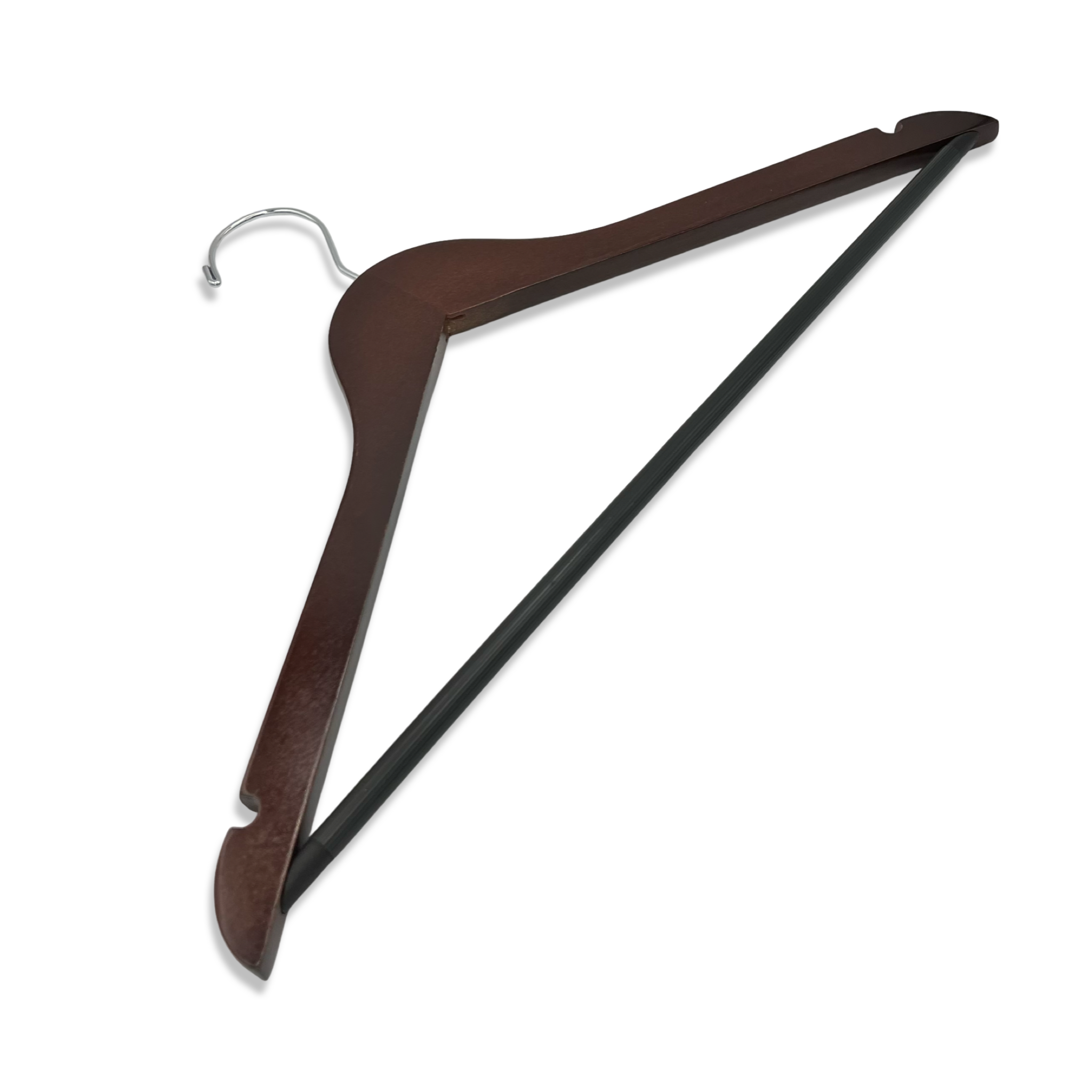 Dark Walnut Wooden Flat Suit Hanger with a silver hook and non-slip pant bar for adult’s home closets and retail spaces