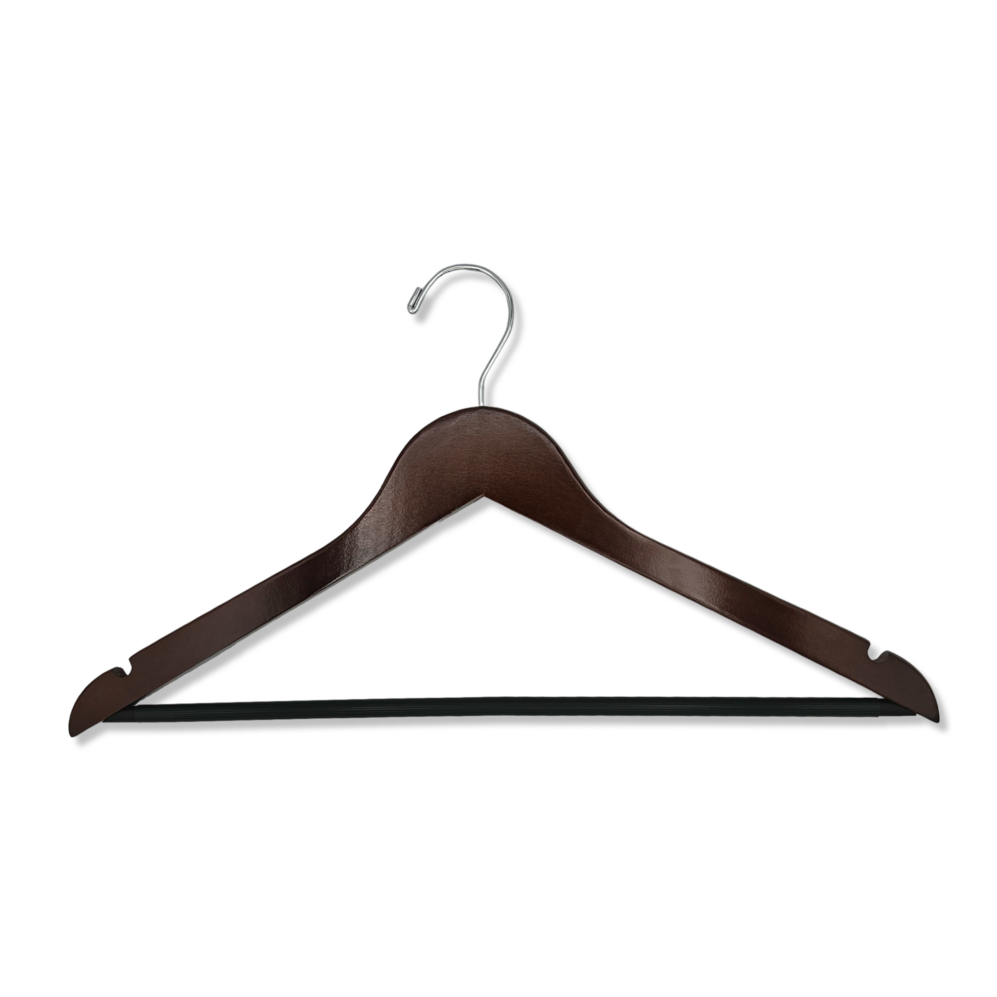 Dark Walnut Wooden Flat Suit Hanger with a silver hook, shoulder notches, and pant bar for custom bridal hanger designers