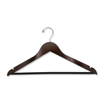 Load image into Gallery viewer, Dark Walnut Wooden Flat Suit Hanger with a silver hook, shoulder notches, and pant bar for custom bridal hanger designers
