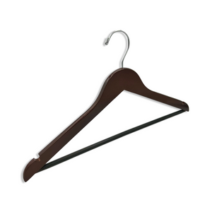 Wedding quality Dark Walnut Wood Suit Hanger with a silver hook, shoulder notches, and a trouser bar for adults