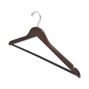Customizable Dark Walnut Wooden Suit Hanger with a silver hook, shoulder notches, and anti-slip pant bar for adults