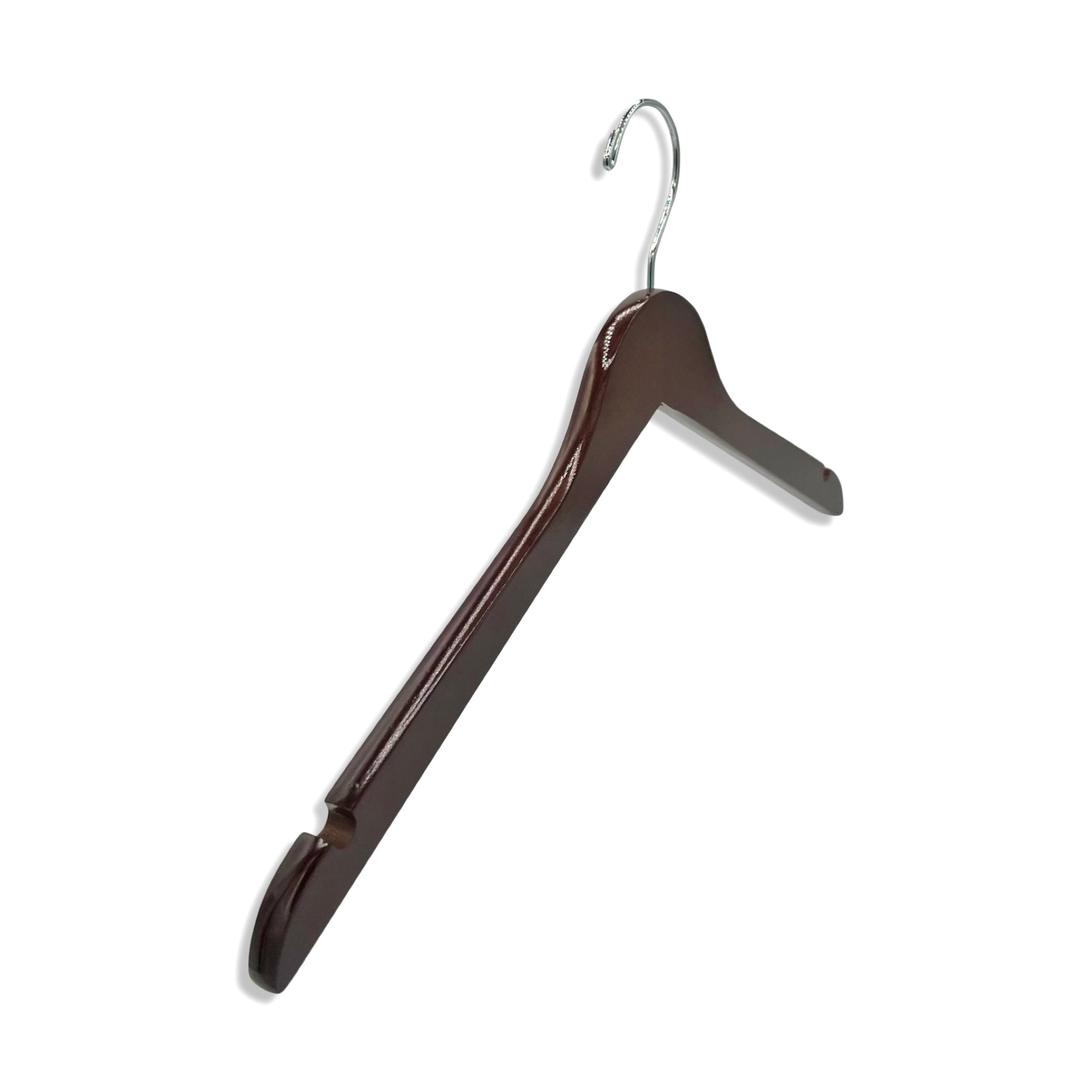 A Royal Hangers Dark Walnut Wood Top Hanger for adults with a silver hook and shoulder notches for closets and stores