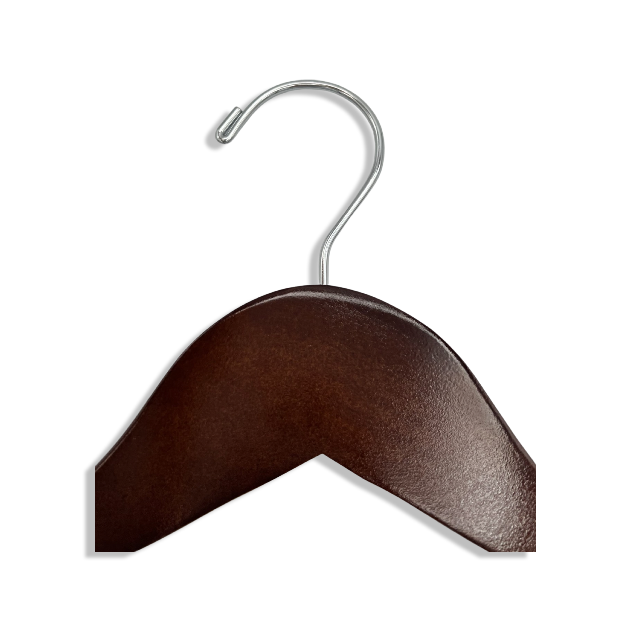 Top of Dark Walnut Wooden Clothes Hanger with a silver hook facing to the left
